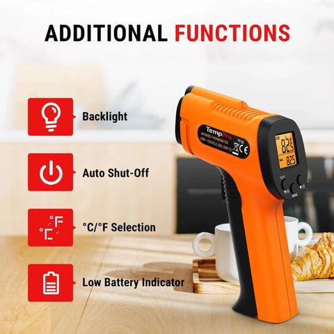Infrared Thermometer Gun, Laser Thermometer for Cooking, orange handheld design with display, features listed to side