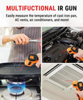 Multifunctional infrared thermometer gun measuring temperature on griddle, engine, and HVAC vents