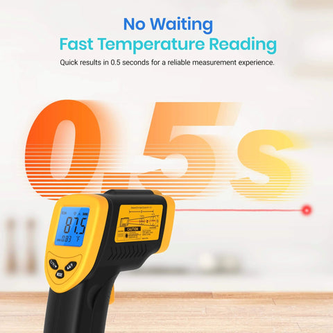 Infrared Thermometer Laser Temperature Gun 774 showing fast reading in 0.5 seconds, blue display, yellow casing.