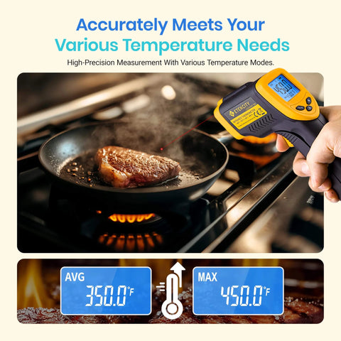 Infrared Thermometer Laser Temperature Gun 774 measuring steak temperature on stove, heat gun for cooking with max measure, yellow.