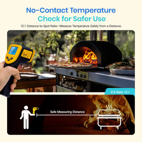 Infrared Thermometer Laser Temperature Gun 774 measuring temperature of pizza oven, showing no-contact use and D:S ratio 12:1.