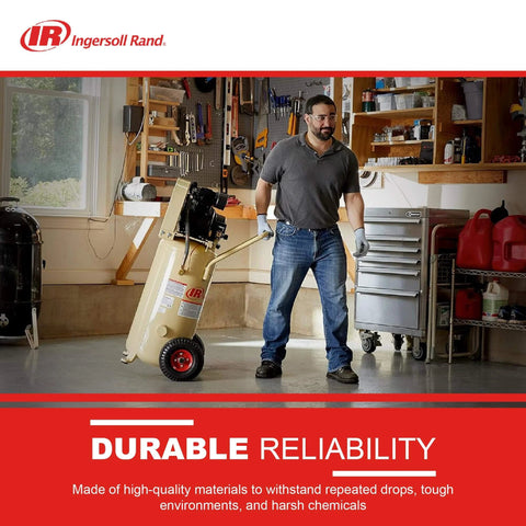 Man in workshop moving Ingersoll Rand P1.5IU-A9 2hp 20 gal Single-Stage Compressor (115/1) 42663401 on its wheels