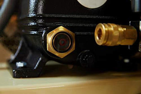 Close-up of connector on Ingersoll Rand P1.5IU-A9 2hp 20 gal Single-Stage Compressor (115/1) 42663401 showing gauge and fittings.