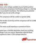 Warning text about verifying voltage for Ingersoll Rand P1.5IU-A9 2hp 20 gal Single-Stage Compressor (115/1) 42663401.