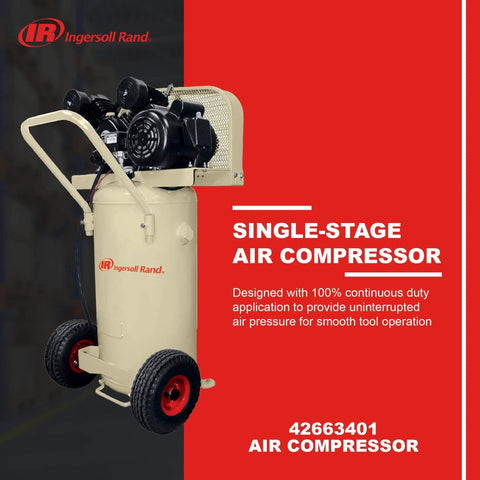 Ingersoll Rand P1.5IU-A9 2hp 20 gal Single-Stage Compressor (115/1) 42663401 with wheels and handle, side view on red background.