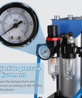 Close-up of Vertical Injection Molding Machine pressure gauge and controls for adjusting temperature and pressure, ICZW 110V 0-15g per shot