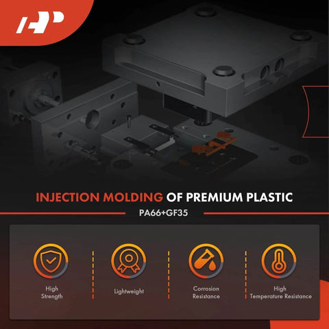 Injection molded premium plastic component with high strength, lightweight, corrosion and temperature resistance, PA66+GF35 material.
