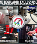 Inline Air Regulator And Flow Control Valve With Pressure Gauge For Pneumatic Tools And Spray Painting One Quarter Inch NPT Brass Body 0 To 150 PSI Adjustable Air Pressure And Flow For Tire Inflation And Hobbyist Projects shown in various uses including spray painting and tire inflation.