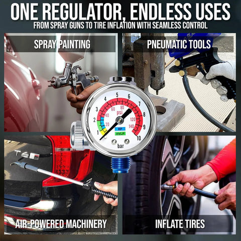 Inline Air Regulator And Flow Control Valve With Pressure Gauge For Pneumatic Tools And Spray Painting One Quarter Inch NPT Brass Body 0 To 150 PSI Adjustable Air Pressure And Flow For Tire Inflation And Hobbyist Projects shown in various uses including spray painting and tire inflation.