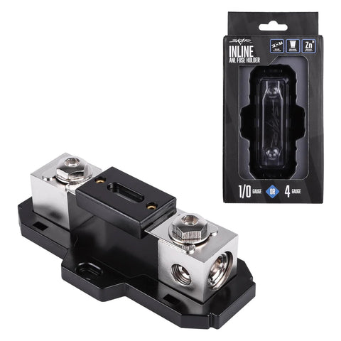 Heavy Duty Inline ANL Fuse Holder With 200 Amp Fuse Included For 1/0 Or 4 Gauge Car Audio Wiring, solid zinc core, and packaging