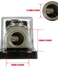 Front view of Inline ANL Fuse Holder For 0/2/4 Gauge Wire With 300 Amp Fuse showing size dimensions and clear insulating casing