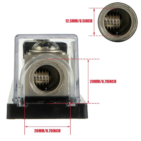 Front view of Inline ANL Fuse Holder For 0/2/4 Gauge Wire With 300 Amp Fuse showing size dimensions and clear insulating casing