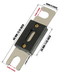 Inline ANL Fuse Holder For 0 2 4 Gauge AWG With 100 Amp Fuse, No Terminal Block Setup, showing dimensions in inches and millimeters