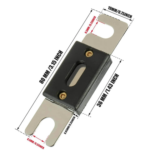 Inline ANL Fuse Holder For 0 2 4 Gauge AWG With 100 Amp Fuse, No Terminal Block Setup, showing dimensions in inches and millimeters