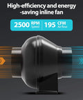 Powerful 4 Inch Inline Duct Ventilation Fan With 195 CFM And Variable Speed Controller, side view showing airflow direction