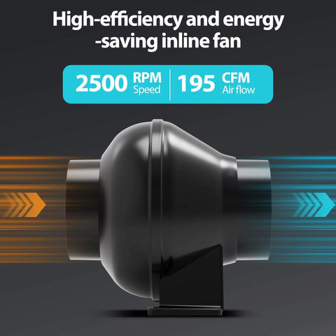 Powerful 4 Inch Inline Duct Ventilation Fan With 195 CFM And Variable Speed Controller, side view showing airflow direction