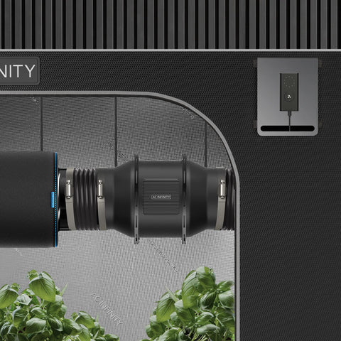 Quiet 6 Inch Inline Duct Fan With Wired 10 Speed Controller And EC Motor installed in a grow tent for ventilation by AC Infinity CLOUDLINE A6