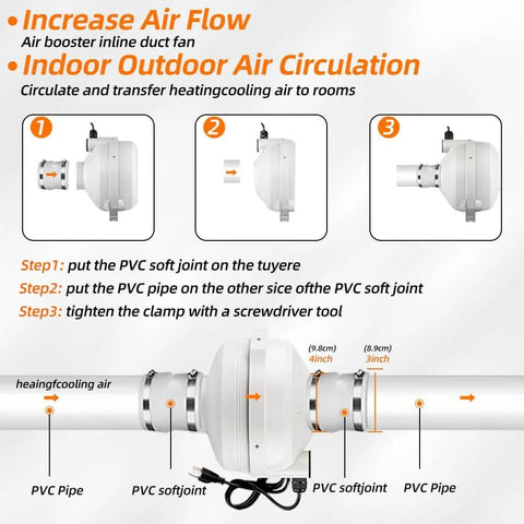 Diagram showing installation of 4 Inch Radon Mitigation Fan Installation Kit MIDCVFRUN with Inline Centrifugal Radon Fan and PVC connections.