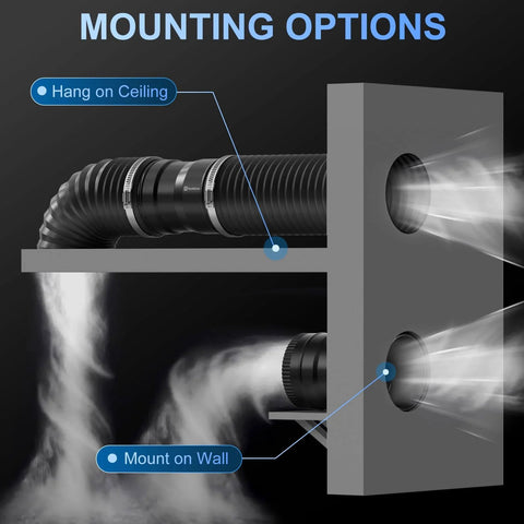 Mounting options for 4 Inch Inline Booster Duct Fan With Speed Controller By Hon&Guan, showing ceiling and wall installation.