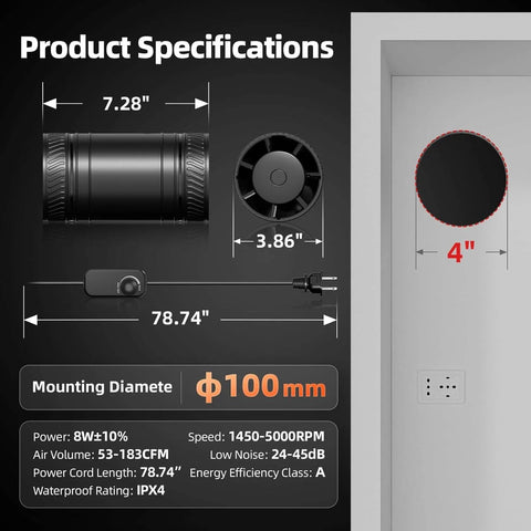 Specifications for Ultra Quiet 4 Inch Inline Duct Fan With Stepless Speed Controller For Grow Tents Basements Bathrooms Workshops And Attics High Efficiency Exhaust Ventilation 183 CFM Low Noise ONVEAN showing dimensions and power rating
