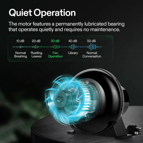 4 Inch Inline Duct Ventilation Fan D4 195 CFM For Grow Tents And Hydroponics HVAC Exhaust Booster For Attics Basements And Kitchens 2500 RPM Airflow To Tackle Heat And Keep Fresh Air Circulating illustrating quiet operation and airflow graphics on a display