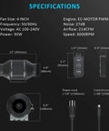 Ultra Quiet 4 Inch Inline Duct Fan With EC Motor Delivering 214 CFM At 30W And 27dB Noise, 10 Speed Controller, specifications chart