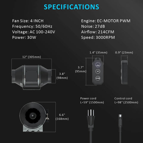 Ultra Quiet 4 Inch Inline Duct Fan With EC Motor Delivering 214 CFM At 30W And 27dB Noise, 10 Speed Controller, specifications chart