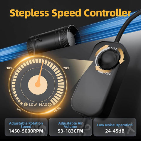 Stepless speed controller for Ultra Quiet 4 Inch Inline Duct Fan With Stepless Speed Controller For Grow Tents Basements Bathrooms Workshops And Attics High Efficiency Exhaust Ventilation 183 CFM Low Noise ONVEAN