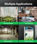 Image showing multiple applications for a 6 Inch Inline Exhaust Fan With Speed Controller Delivers Up To 345 CFM Quiet Low Noise Duct Fan For HVAC Ventilation Perfect For Grow Tents Greenhouses Basements Bathrooms Kitchens Attics And 3D Printer Setups For DIYers: greenhouses, tool rooms, basements, and grow tents.