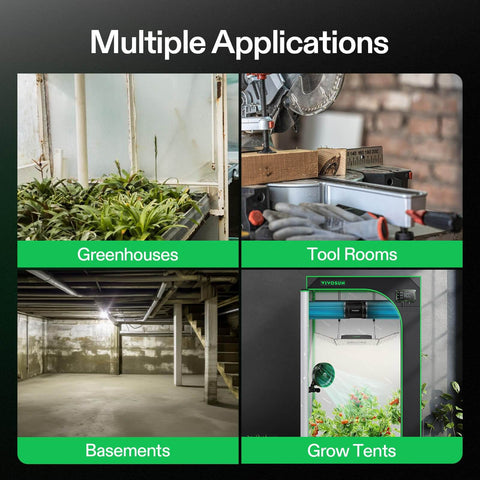 Image showing multiple applications for a 6 Inch Inline Exhaust Fan With Speed Controller Delivers Up To 345 CFM Quiet Low Noise Duct Fan For HVAC Ventilation Perfect For Grow Tents Greenhouses Basements Bathrooms Kitchens Attics And 3D Printer Setups For DIYers: greenhouses, tool rooms, basements, and grow tents.