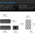 Inline Filter Box 6 Inch For Whole House HVAC Filtration And Fresh Air Intake with specifications shown.