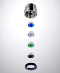3/4 Inch Inline Flow Regulator Kit With 1.0 1.5 2.0 3.0 And 4.0 GPM Inserts, shown with various colored inserts and adapter.