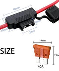 Inline Fuse Holder For 10 AWG Wire With 40 Amp ATC Blade Fuses, 4 Pack, detailed size dimensions shown with heavy duty red wire
