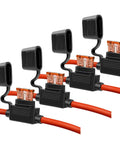 Inline Fuse Holder For 10 AWG Wire With 40 Amp ATC Blade Fuses, 4 Pack, heavy duty red wire, water resistant cap, easy splice