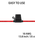 Inline Fuse Holder For 10 AWG Wire With 40 Amp ATC Blade Fuses, red wire and water-resistant cap, front view.