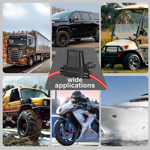 2 Pack 12 AWG Inline Fuse Holders With Waterproof Cap For 11.8 Inch 12V ATC ATO Blade Fuses 15A 20A 25A 30A 40A Ideal For Marine Golf Cart Lighting Circuits Auto RV Wiring showcasing vehicles and applications background.