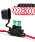 Inline Fuse Holder Kit For 14 AWG Wiring Harness With Weatherproof Lid And Heavy Duty Red 14 AWG Wire Fits ATC And ATO Blade Fuses Up To 30 Amp 10 Pack With Two Year Warranty shown with red wire and green fuse