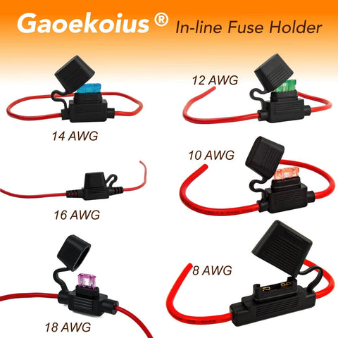Assorted Gaokoius inline fuse holders with various AWG wires and waterproof caps for automotive use, including 18AWG model.