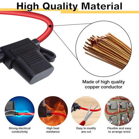 Two Pack Inline Fuse Holders For 12V Systems With 16 AWG Wire Waterproof Fuse Holder Includes 15A ATC ATO Standard Blade Fuses Ideal For Automotive Marine Golf Cart Lighting And Electrical Circuits With Durable Copper Conductors product showing high quality copper conductor and strong electrical conductivity features