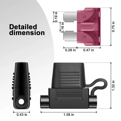2 Pack 12 AWG Inline Fuse Holders With Waterproof Cap, detailed dimensions shown with 12V ATC ATO Blade Fuses