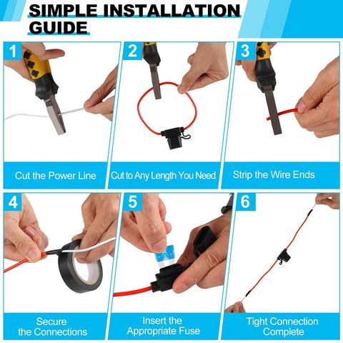 Installation guide for 4 Pack 12AWG Inline Fuse Holders Waterproof Marine Grade Fuse Kit With 35 Standard Fuses.