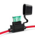Inline Fuse Holder Kit For 14 AWG Wiring Harness With Weatherproof Lid And Heavy Duty Red 14 AWG Wire Fits ATC And ATO Blade Fuses Up To 30 Amp 10 Pack With Two Year Warranty visible with open lid and green fuse.