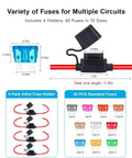 Image showing 4 Pack 12 AWG Inline Fuse Holder Kit With Waterproof IP67 Rated Design For 12V And 24V Cars Boats And Trucks Includes 40 ATC And ATO Fuses 2A To 40A And Tinned Copper Wire Heavy Duty To Prevent Melting And Fire Hazards, featuring open fuse holder and assorted fuses.