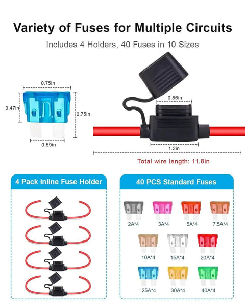 Image showing 4 Pack 12 AWG Inline Fuse Holder Kit With Waterproof IP67 Rated Design For 12V And 24V Cars Boats And Trucks Includes 40 ATC And ATO Fuses 2A To 40A And Tinned Copper Wire Heavy Duty To Prevent Melting And Fire Hazards, featuring open fuse holder and assorted fuses.