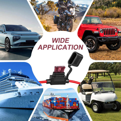 10 Pack Inline Fuse Holder Kit 12V Waterproof 12 AWG displayed with car, motorcycle, jeep, cruise, cargo ship, and golf cart.
