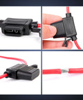 Inline Fuse Holder Kit For 14 AWG Wiring Harness With Weatherproof Lid And Heavy Duty Red 14 AWG Wire Fits ATC And ATO Blade Fuses Up To 30 Amp 10 Pack With Two Year Warranty shown in close-up views, showcasing weatherproof design and heavy-duty construction.