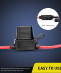 Inline Fuse Holder Kit For 14 AWG Wiring Harness With Weatherproof Lid And Heavy Duty Red 14 AWG Wire Fits ATC And ATO Blade Fuses Up To 30 Amp 10 Pack With Two Year Warranty shown with weatherproof lid closed