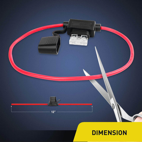 Close-up of 12-inch blade fuse holder with red wire and scissors for Assorted Standard Blade Fuses Kit For Your Ride With Inline Fuse Holders 120 Pcs Including 5A 7.5A 10A 15A 20A 25A 30A Set 14 AWG ATC ATO Inline Holders For Auto Electrical Protection And Quick DIY Repairs