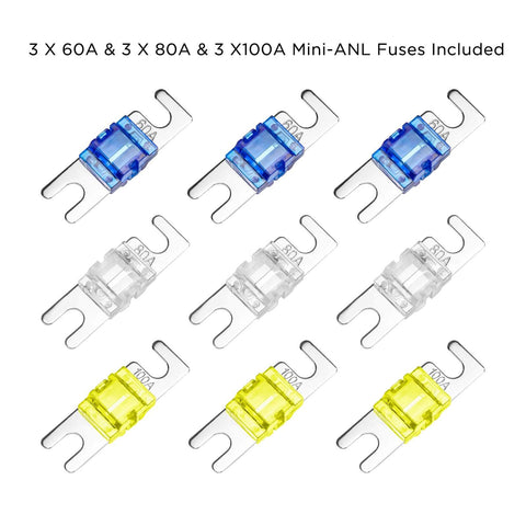 Inline Mini ANL Fuse Holder With Reducer Beefy Heavy Duty Build 1 X 4 To 8 Gauge In And 1 X 4 To 8 Gauge Out Three Pack Set Of 60A 80A 100A Fuses showing colored fuses