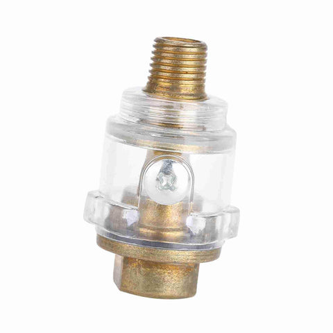 Inline Oil Lubricator For Tools And Compressors With Automatic Lubrication System, brass and clear plastic detail, front view